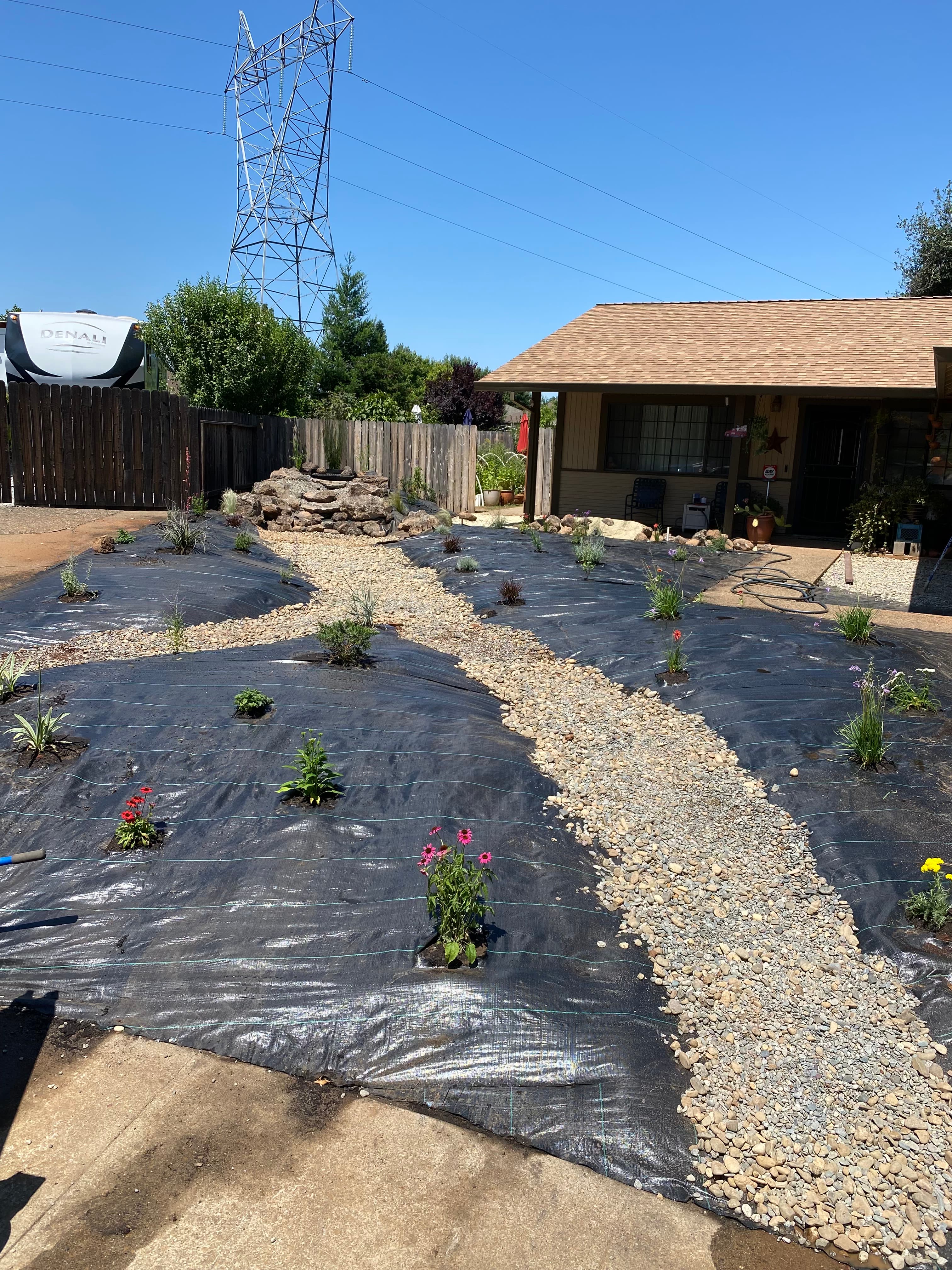 Front yard landscaping with black fabric, a gravel dry creek bed, and small flowering plants.